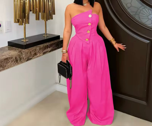 Women Sexy Fashion Button Strapless Wide Leg Jumpsuit