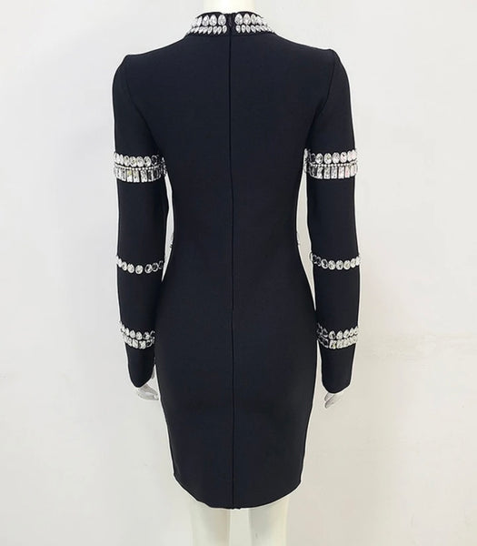 Women Sexy Long Sleeve Black Crystal Rhinestone Dress