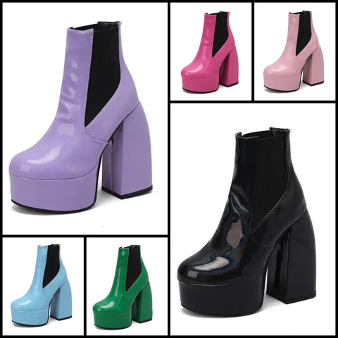 Women Fashion Round Toe Platform Patent Leather Ankle Boots