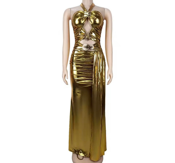Women Sexy Metallic Halter Sleeveless Cut Out Maxi Dress