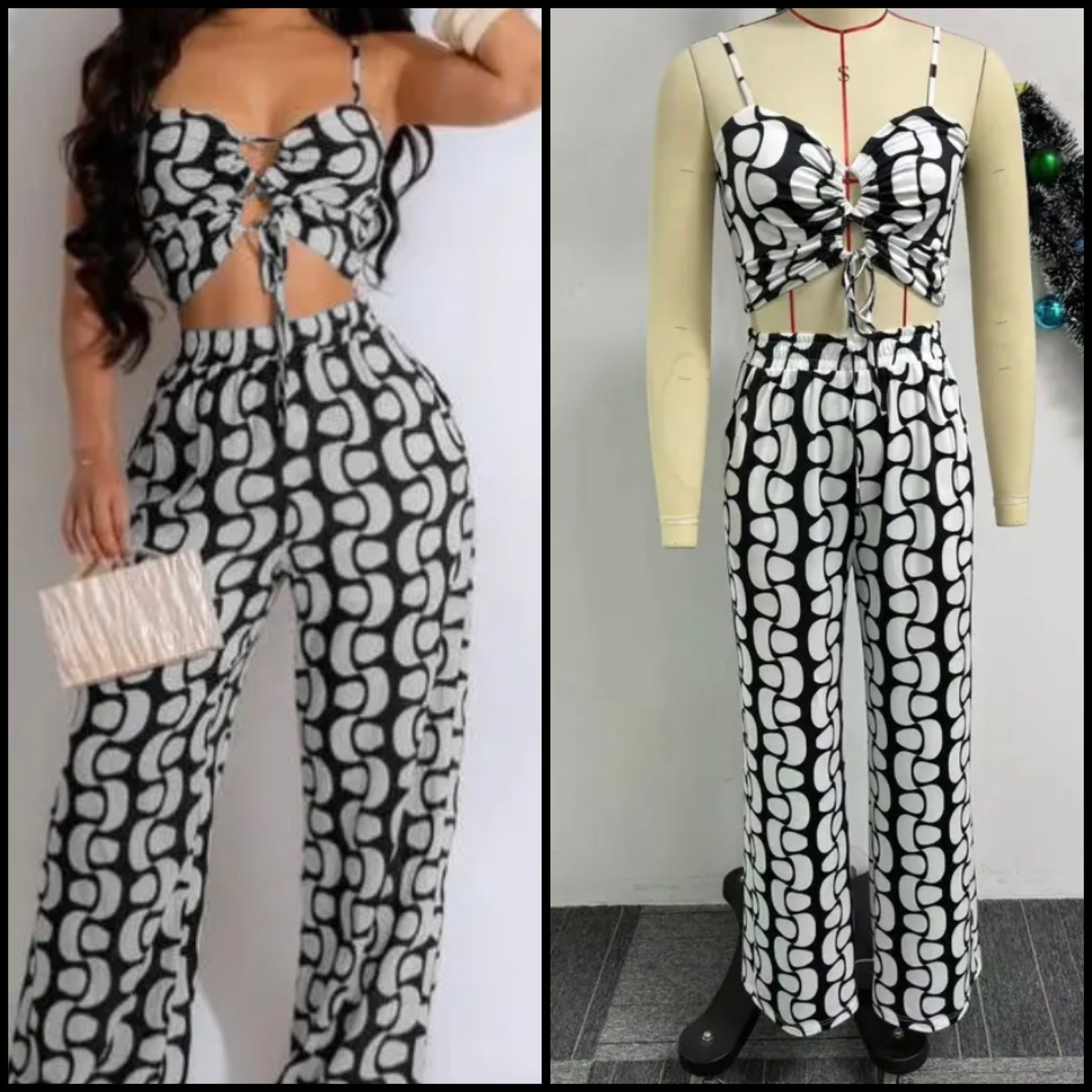 Women Sexy Sleeveless B&W Printed Two Piece Pant Set