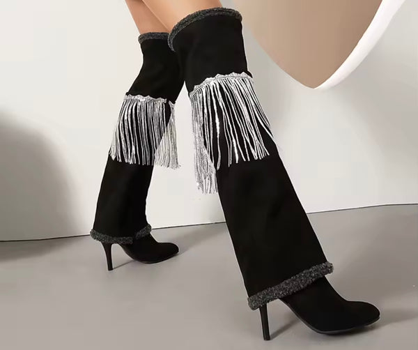 Women Black Furry Suede Tassel Fashion Over The Knee High Heel Boots