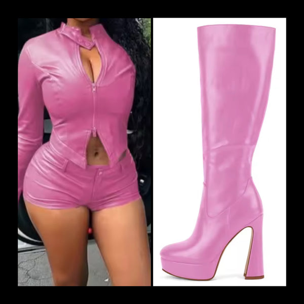 Women Color Platform High Heel Faux Leather Knee Length Boots