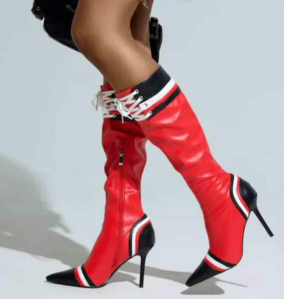 Women Fashion Color Patchwork Striped Tie Up Knee High Boots