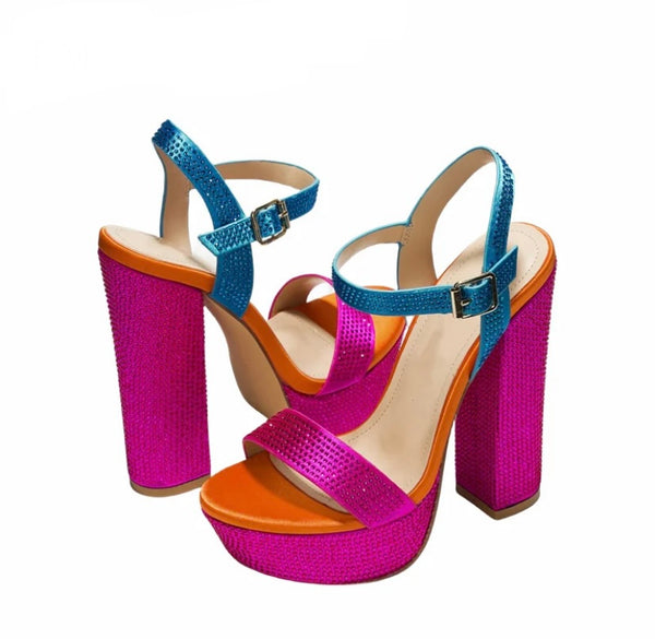 Women Fashion Bling Color Patchwork Platform Ankle Strap Sandals