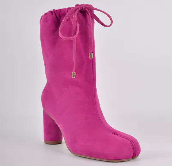 Women Fashion Split Toe Chunky Heel Drawstring Ankle Boots