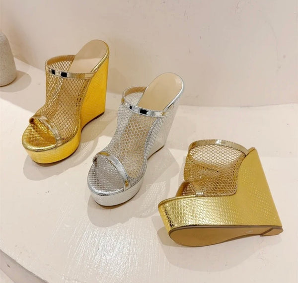 Women Fashion PU Mesh Platform Slide On Sandals