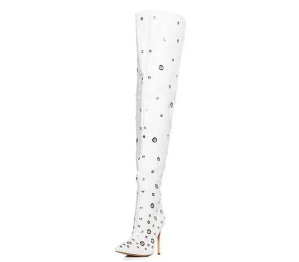 Women White Silver Metal Patchwork Knee High Boots