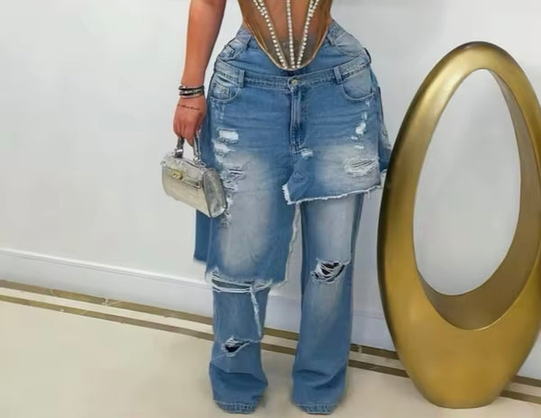 Women Fashion Asymmetrical Ripped Wrap Denim Pants