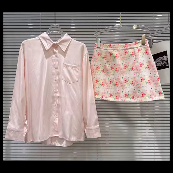 Women Pink Button Up Full Sleeve Two Piece Floral Skirt Set