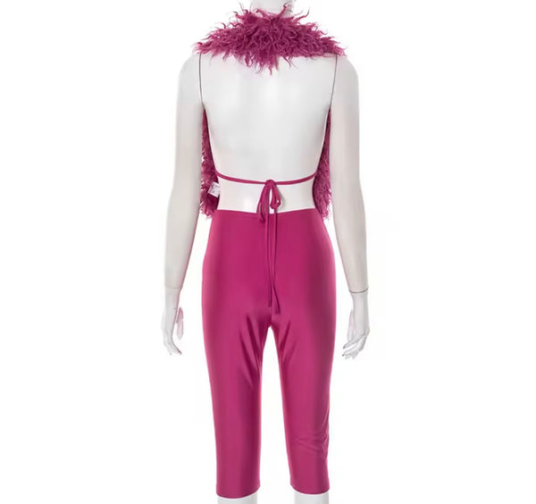 Women Sexy Halter Sleeveless Fur Two Piece Capri Pant Set
