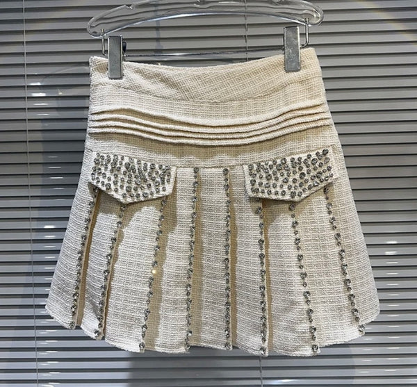 Women Fashion Rhinestone Tweed Pleated Skirt
