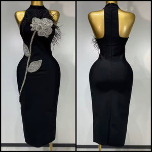 Women Black Rhinestone Flower Sleeveless Sexy Dress