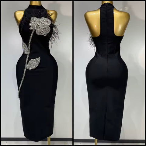 Women Black Rhinestone Flower Sleeveless Sexy Dress
