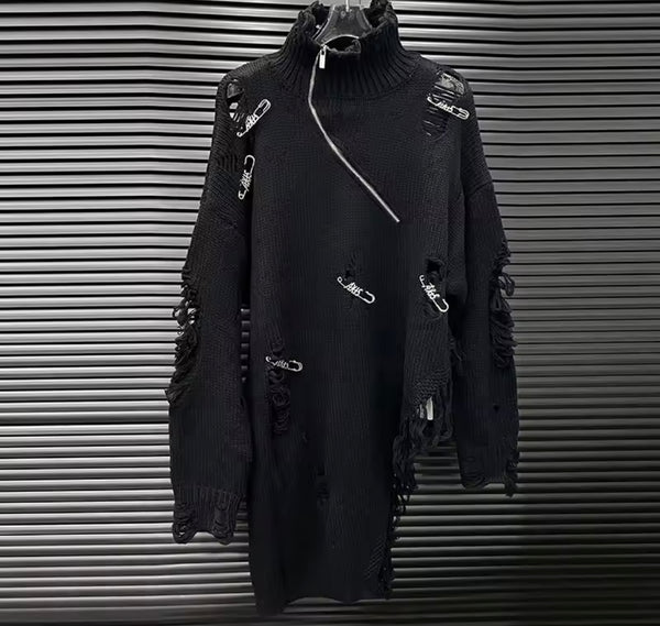 Women Turtleneck Ripped Safety Pin Asymmetrical Zip Up Sweater Top