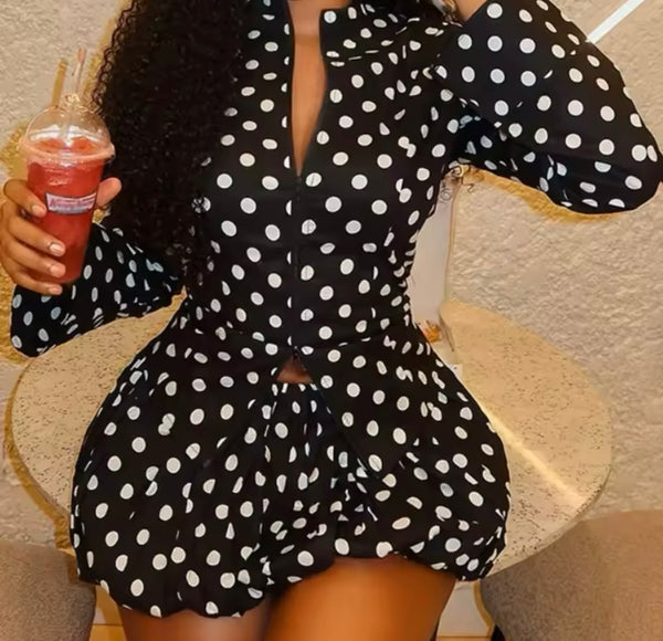 Women Fashion B&W Polka Dot Zip Up Two Piece Skirt Set