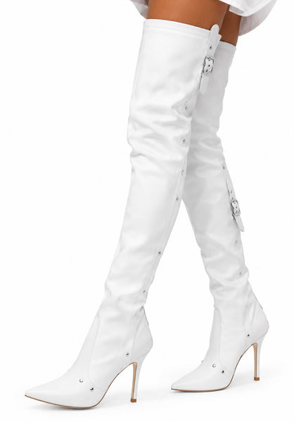 Women Fashion Pointed Toe Over The Knee Buckled High Heel Boots