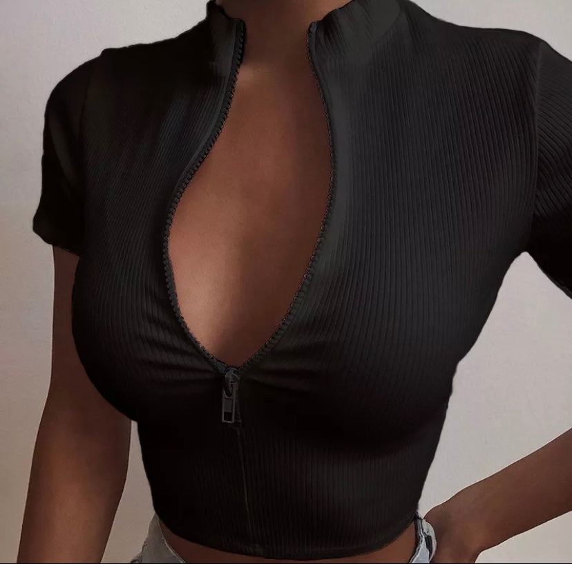 Women Short Sleeve Ribbed Zipper Fashion Top