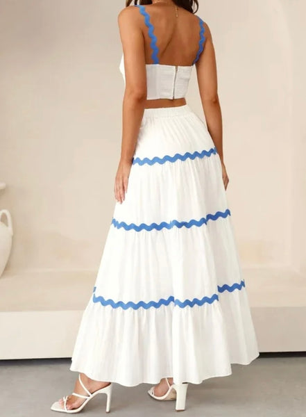 Women Sexy Sleeveless Striped Ruffled Two Piece Maxi Skirt Set