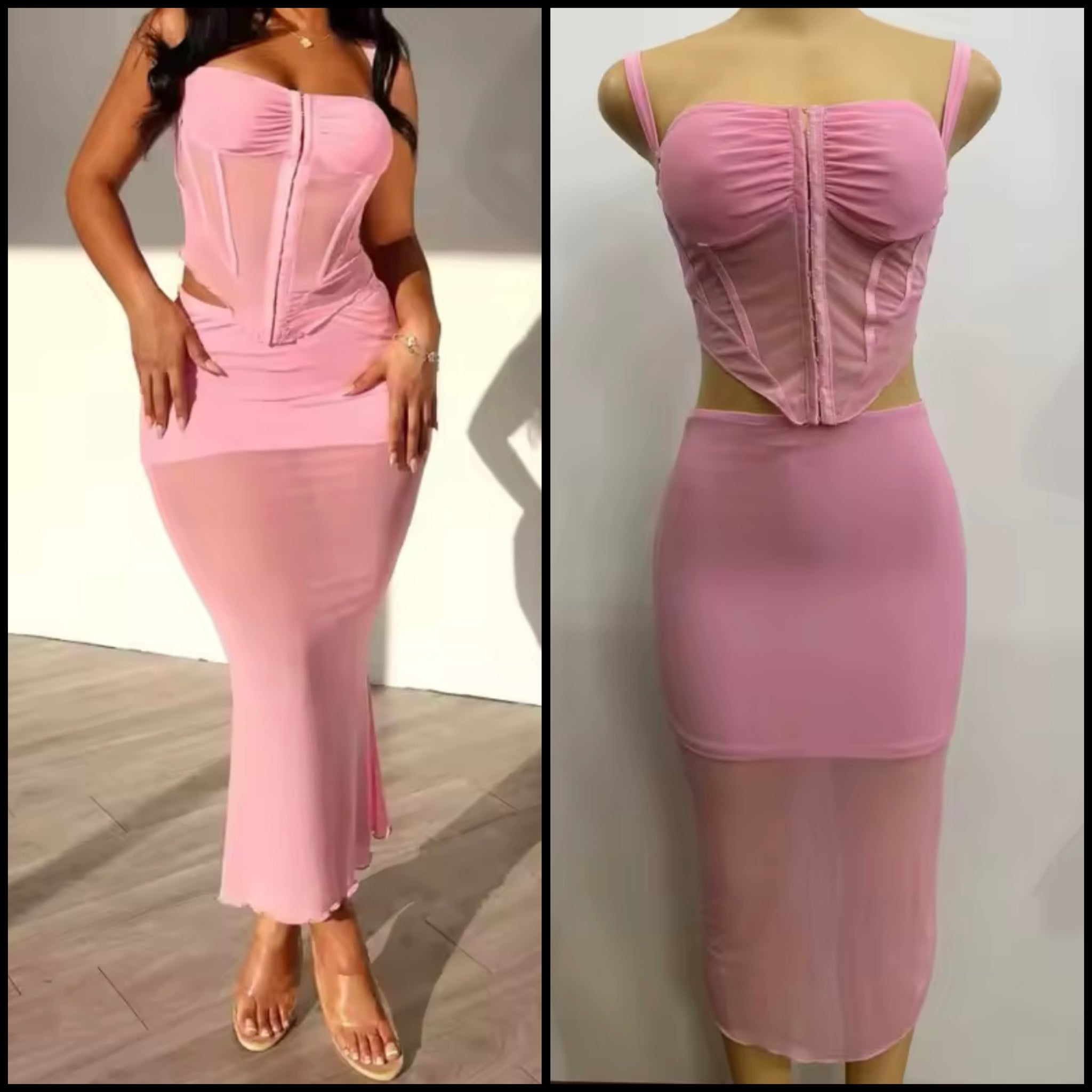 Women Pink Sexy Sleeveless Mesh Two Piece Maxi Skirt Set