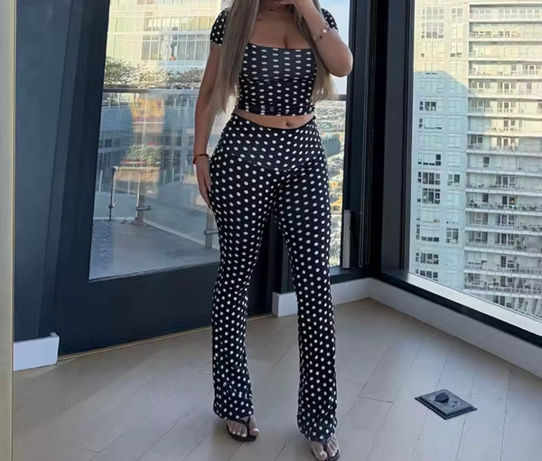 Women Fashion Polka Dot Headband Three Piece Pant Set
