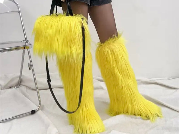 Women Fashion Color Faux Fur Knee High Boots Purse Set