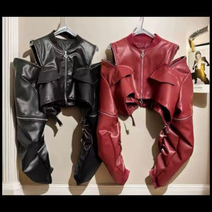 Women Fashion Color Faux Leather Zipper Detachable Jacket