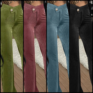 Women Fashion Solid Color Velour Ribbed Boot-Cut Pants