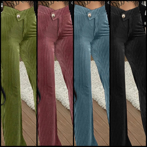 Women Fashion Solid Color Velour Ribbed Boot-Cut Pants