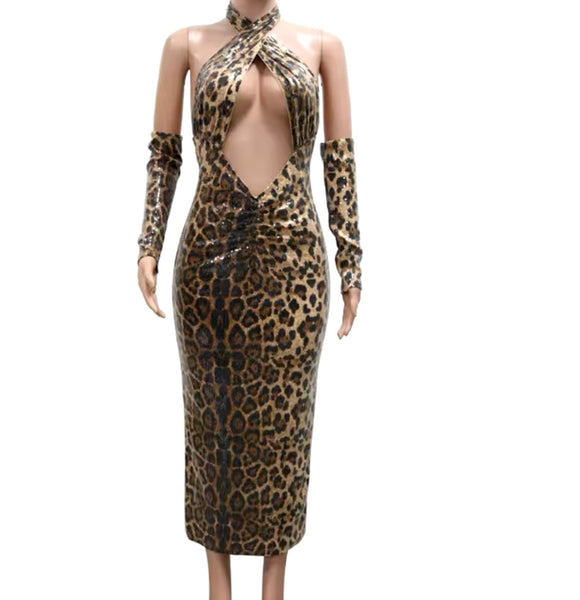 Women Sexy Sequins Leopard Halter Cut Out Glove Dress