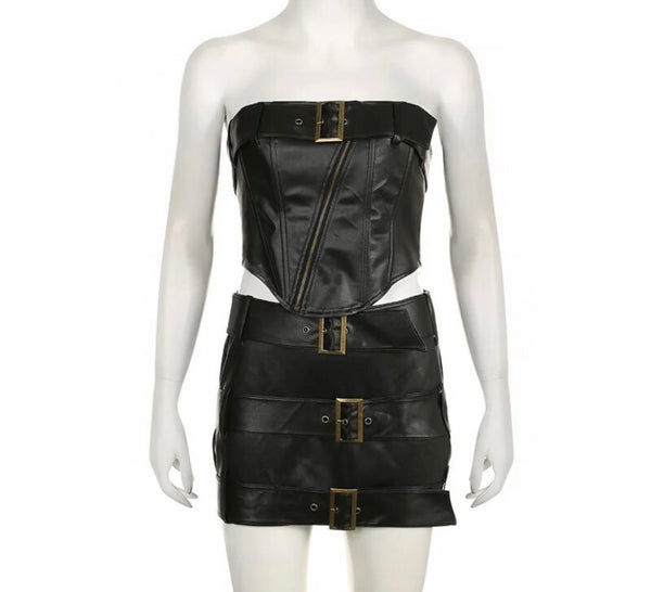 Women Sexy Strapless Black Gold Buckled Faux Leather Two Piece Skirt Set