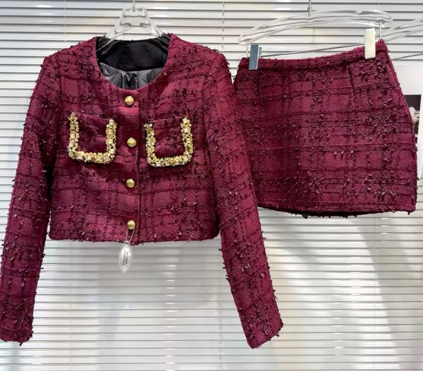 Women Color Gold Button Up Tweed Blazer Two Piece Skirt Set