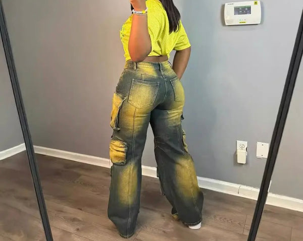 Women Fashion Yellow Paint Patchwork Cargo Denim Pants