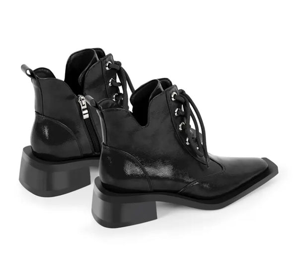 Women Pointed Toe Patent Leather Lace Up Flat Ankle Boots