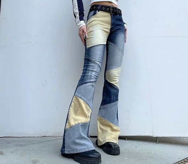 Women Fashion Color Patchwork Boot Cut Denim Pants