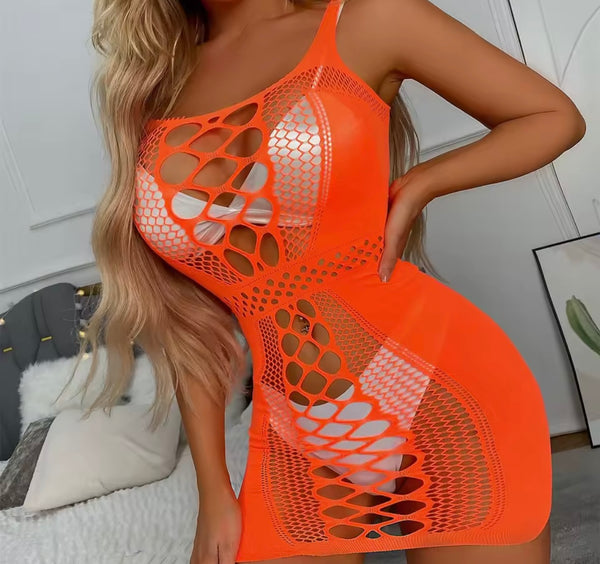 Women Sexy Color Fishnet Cut Out Mesh Nightgown Lingerie