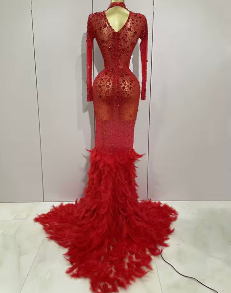 Women Sexy Color Crystal Feather Full Sleeve Mesh Maxi Dress