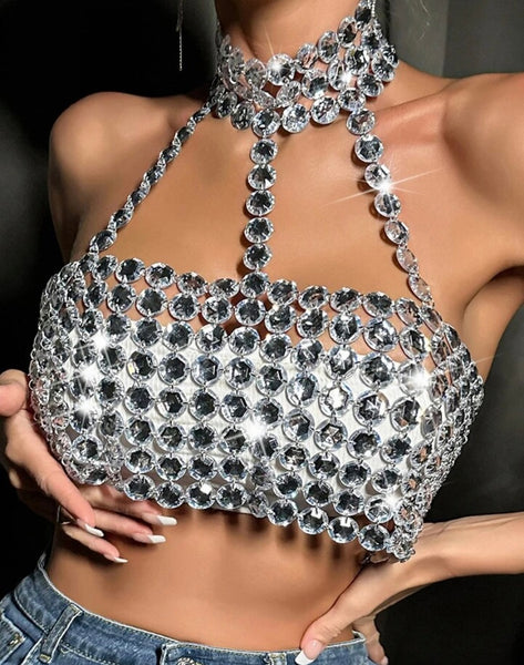 Women Sexy Fashion Halter Rhinestone Sleeveless Crop Top