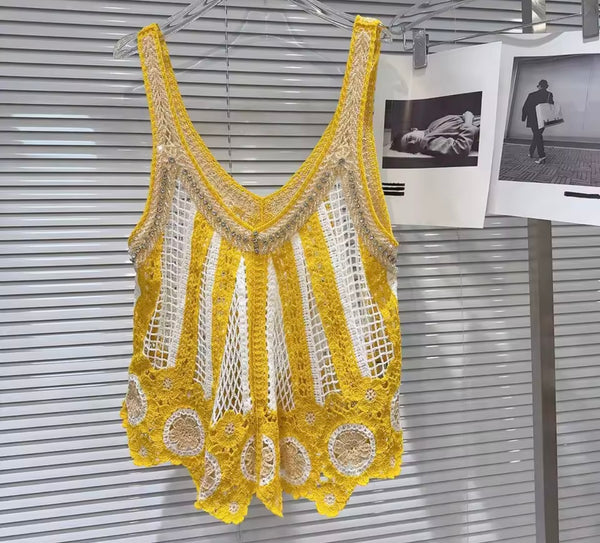 Women Rhinestone Sleeveless Color Patchwork Knitted Tank Top