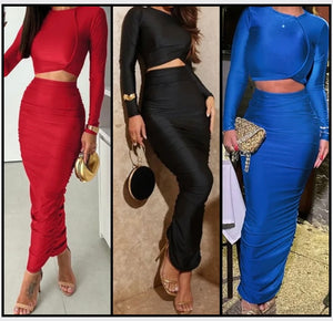 Women Sexy Solid Color Full Sleeve Ruched Two Piece Maxi Skirt Set