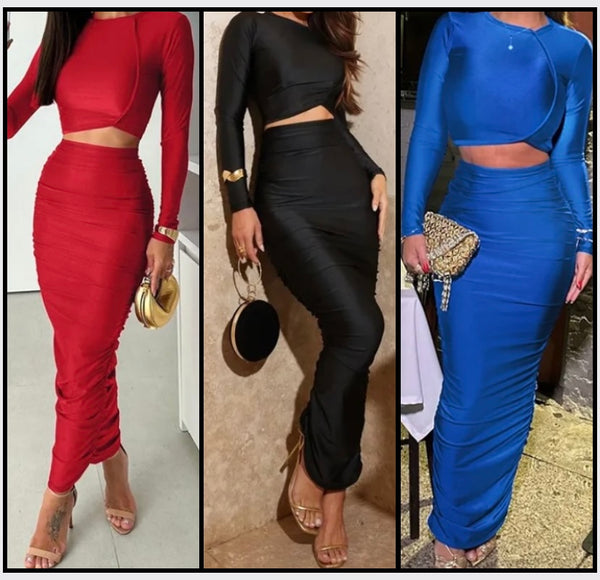 Women Sexy Solid Color Full Sleeve Ruched Two Piece Maxi Skirt Set