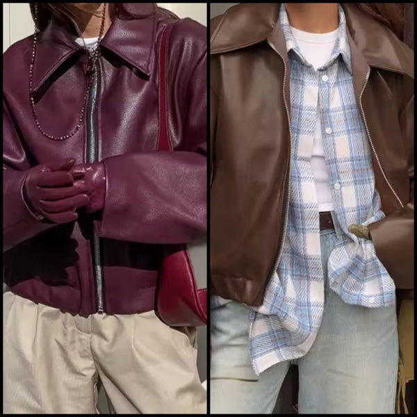 Women Color Zip Up Fashion Faux Leather Jacket