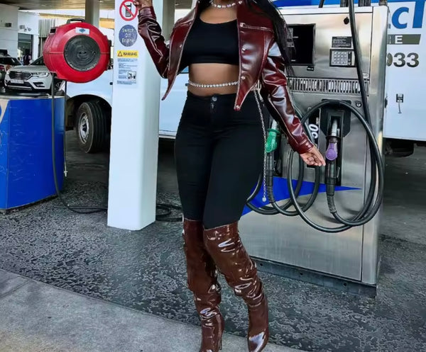 Women Color Fashion Faux Leather Crop Jacket