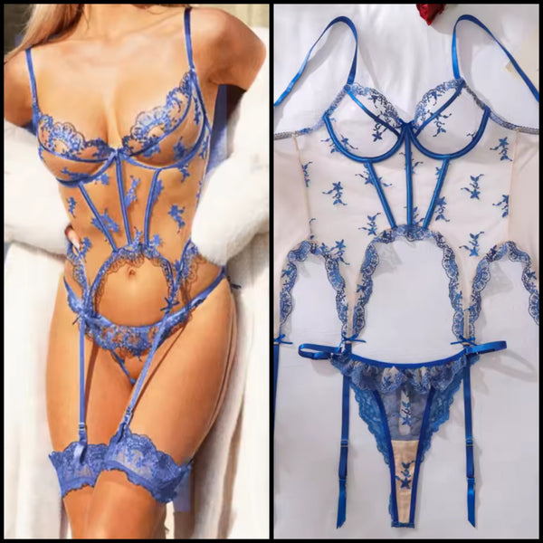 Women Sexy Blue Lace Mesh Lingerie Set