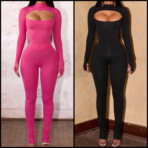 Women Sexy Solid Color Hollow Out Full Sleeve Two Piece Pant Set