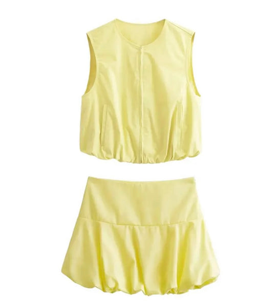 Women Yellow Front Zipper Sexy Sleeveless Two Piece Skirt Set