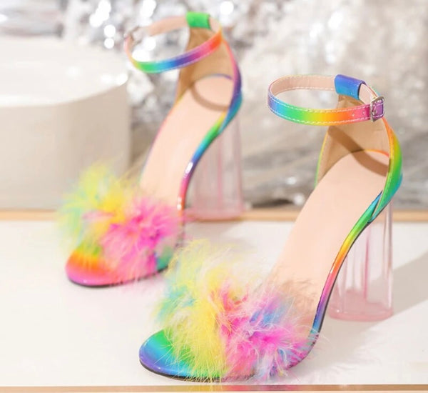 Women Fashion Feather Open Toe Transparent Heel Sandals