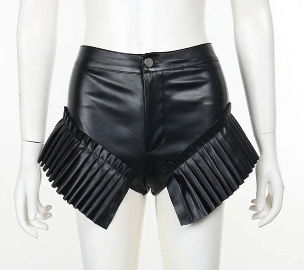 Women Black Ruffled Faux Leather Fashion Mini Shorts