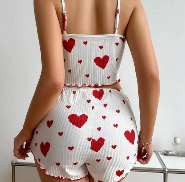 Women Sleeveless White Heart Print Lingerie Short Set