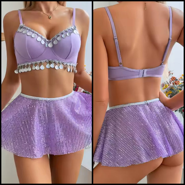 Women Sexy Purple Tassel Three Piece Lingerie Set
